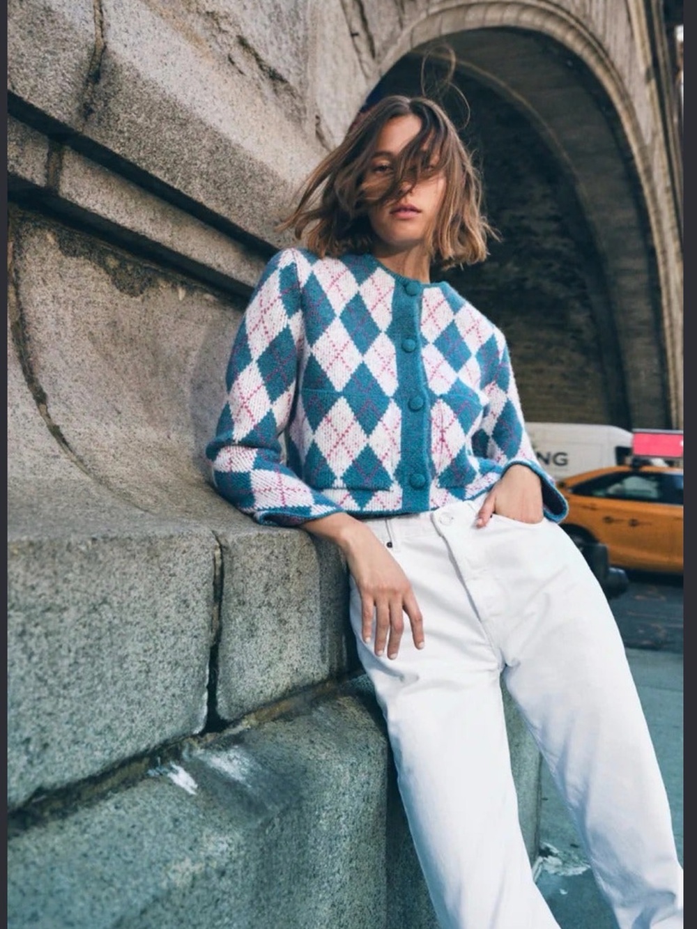 Zara Blue and White Argyle Teddy Jacket L